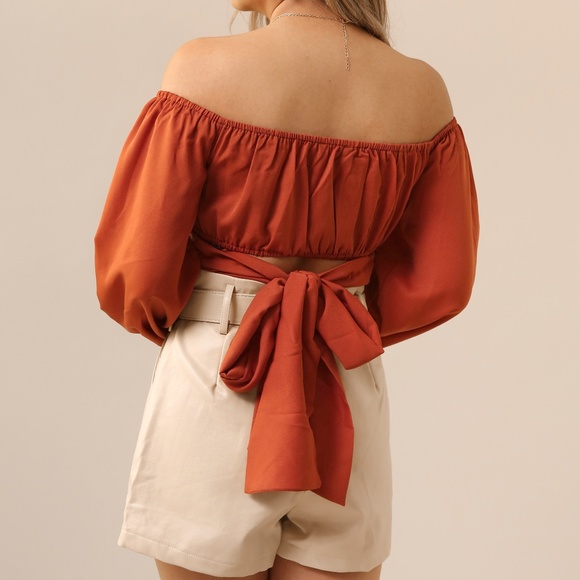 Red wrap off the shoulder crop long sleeve top - Picture 4 of 4